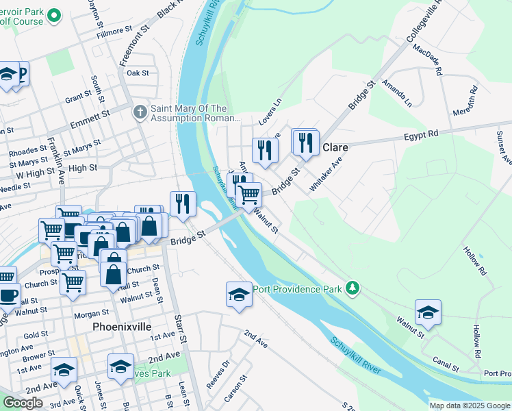 map of restaurants, bars, coffee shops, grocery stores, and more near 126 Bridge Street in Mont Clare