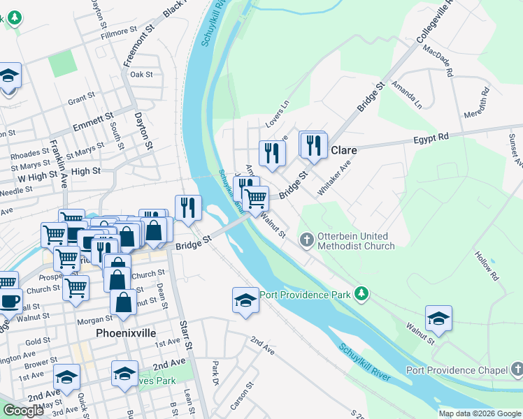 map of restaurants, bars, coffee shops, grocery stores, and more near 126 Bridge Street in Mont Clare