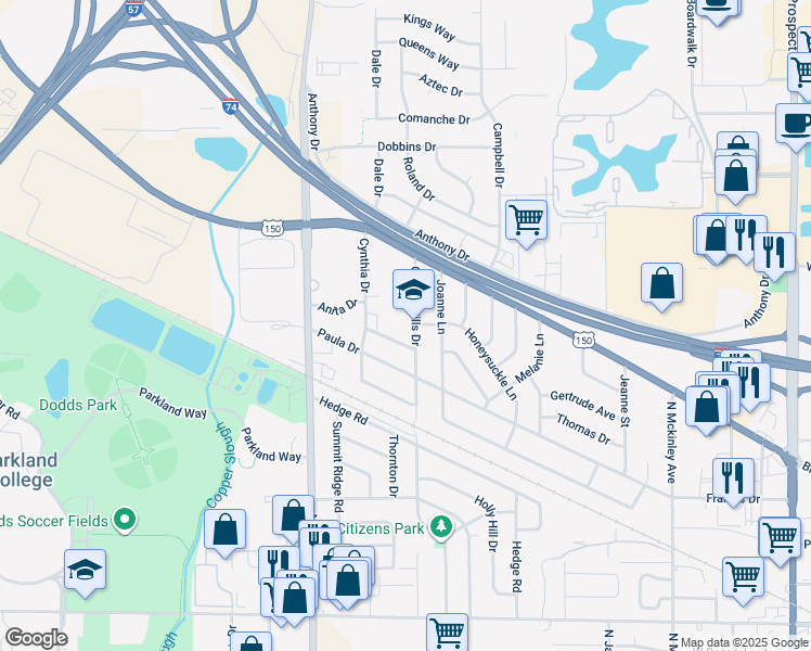 map of restaurants, bars, coffee shops, grocery stores, and more near 1705 Sandra Street in Champaign