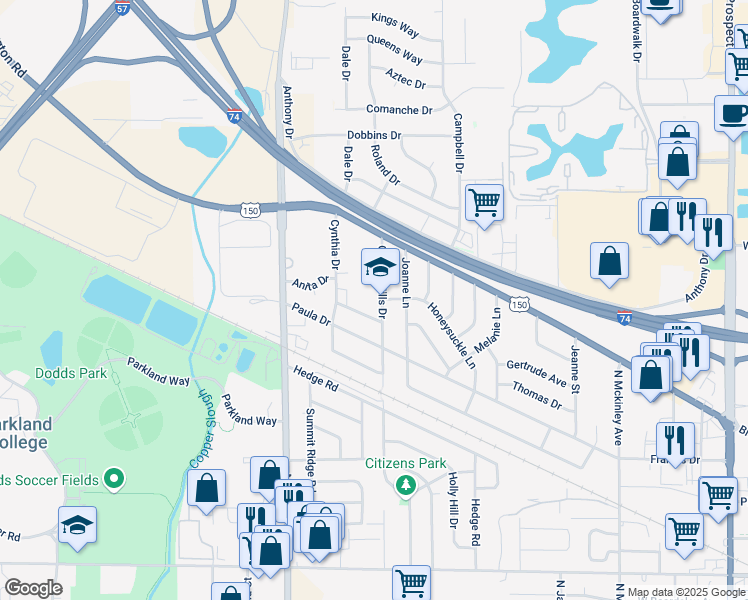 map of restaurants, bars, coffee shops, grocery stores, and more near 2001 Garden Hills Drive in Champaign