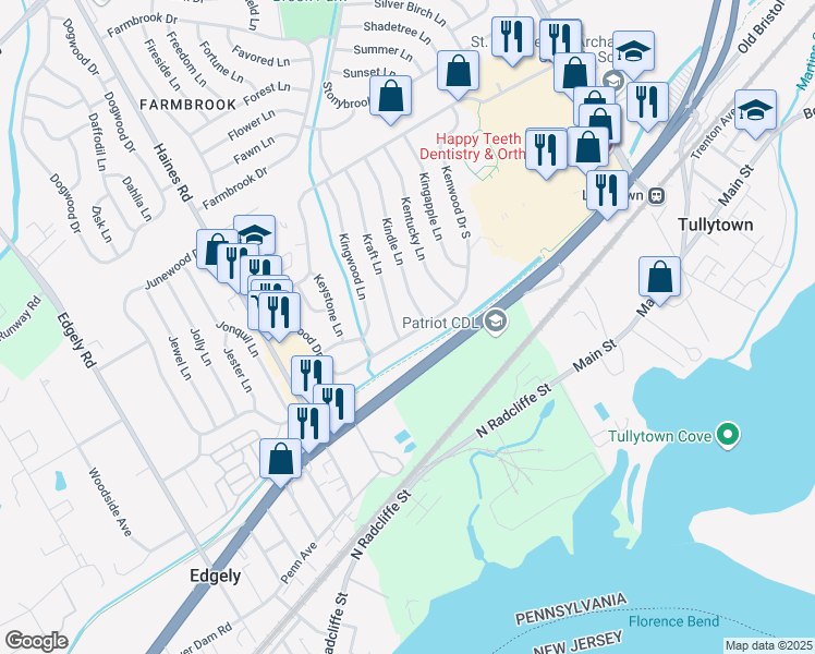 map of restaurants, bars, coffee shops, grocery stores, and more near 101 Kenwood Drive South in Levittown