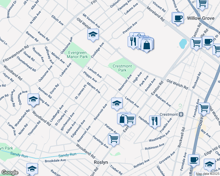 map of restaurants, bars, coffee shops, grocery stores, and more near 2546 Lamott Avenue in Willow Grove