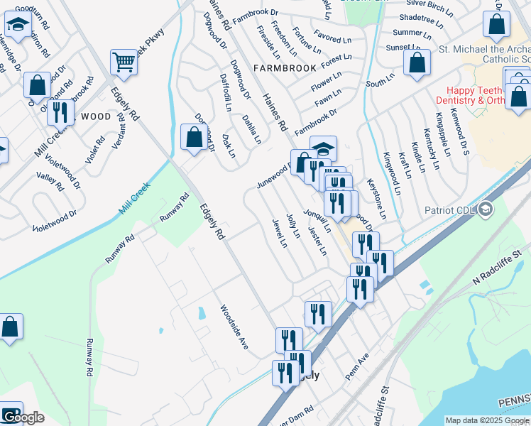 map of restaurants, bars, coffee shops, grocery stores, and more near 65 Jewel Lane in Levittown