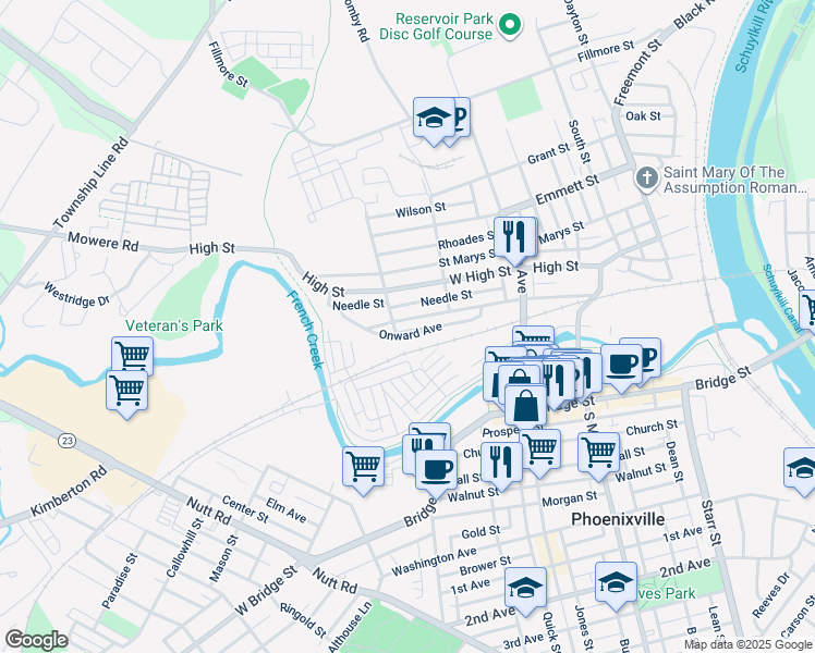 map of restaurants, bars, coffee shops, grocery stores, and more near 539 Onward Avenue in Phoenixville