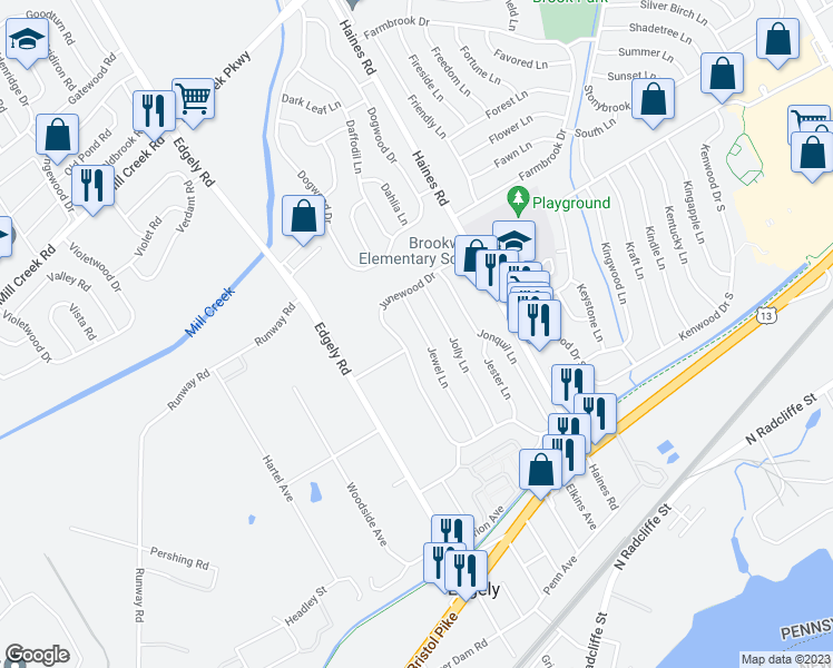 map of restaurants, bars, coffee shops, grocery stores, and more near 65 Jewel Lane in Levittown