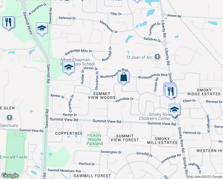 map of restaurants, bars, coffee shops, grocery stores, and more near 8829 Greenburg Drive in Powell