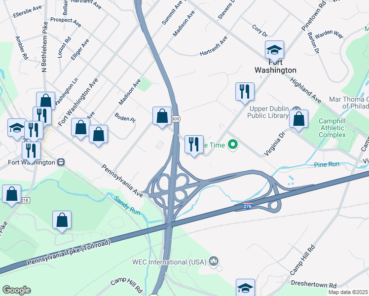map of restaurants, bars, coffee shops, grocery stores, and more near 275 Commerce Drive in Fort Washington