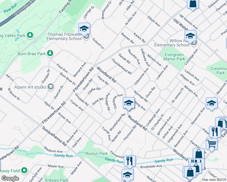 map of restaurants, bars, coffee shops, grocery stores, and more near 1366 Osbourne Avenue in Abington
