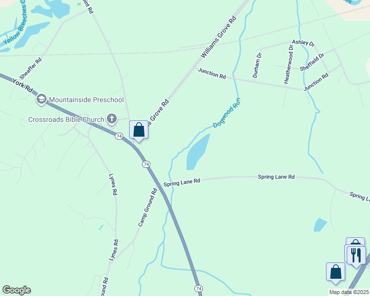 map of restaurants, bars, coffee shops, grocery stores, and more near 90 Spring Lane Road in Dillsburg