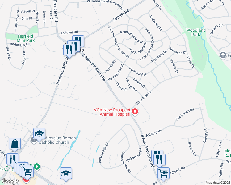 map of restaurants, bars, coffee shops, grocery stores, and more near 119 South New Prospect Road in Jackson Township