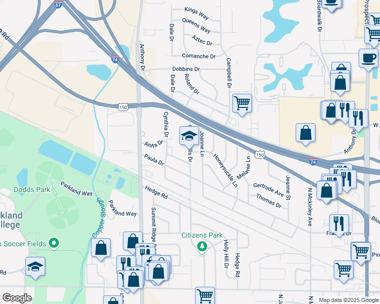 map of restaurants, bars, coffee shops, grocery stores, and more near 2001 Garden Hills Drive in Champaign