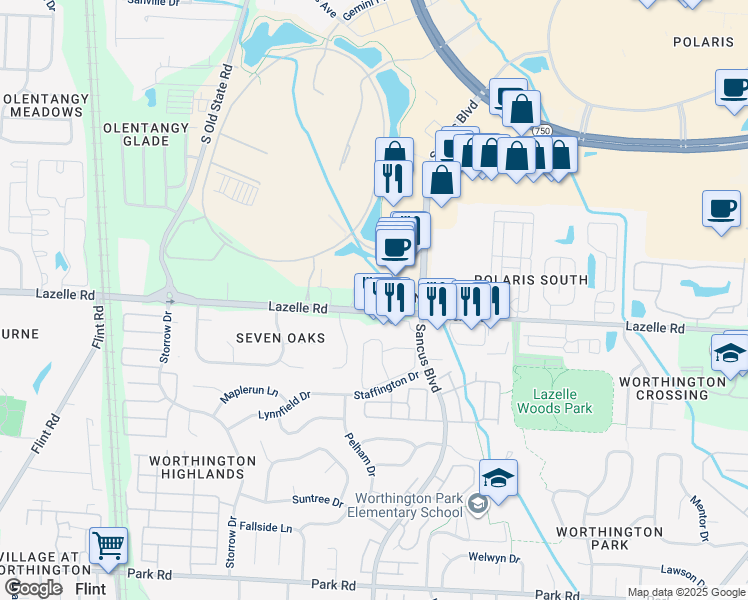 map of restaurants, bars, coffee shops, grocery stores, and more near 480 Lazelle Road in Columbus