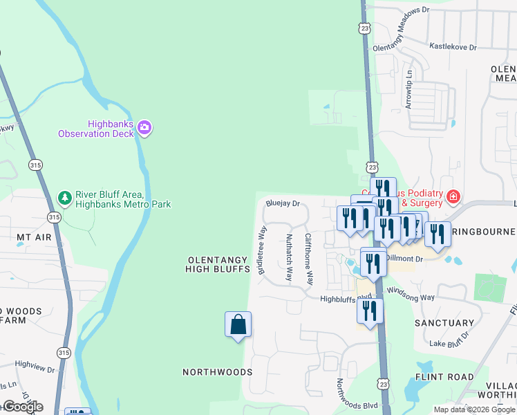 map of restaurants, bars, coffee shops, grocery stores, and more near 242 Bluejay Drive in Columbus