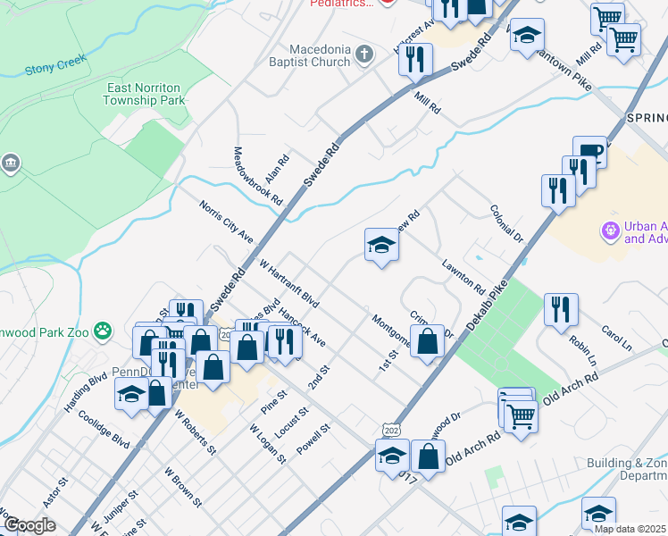 map of restaurants, bars, coffee shops, grocery stores, and more near 2305 Springview Road in Norristown