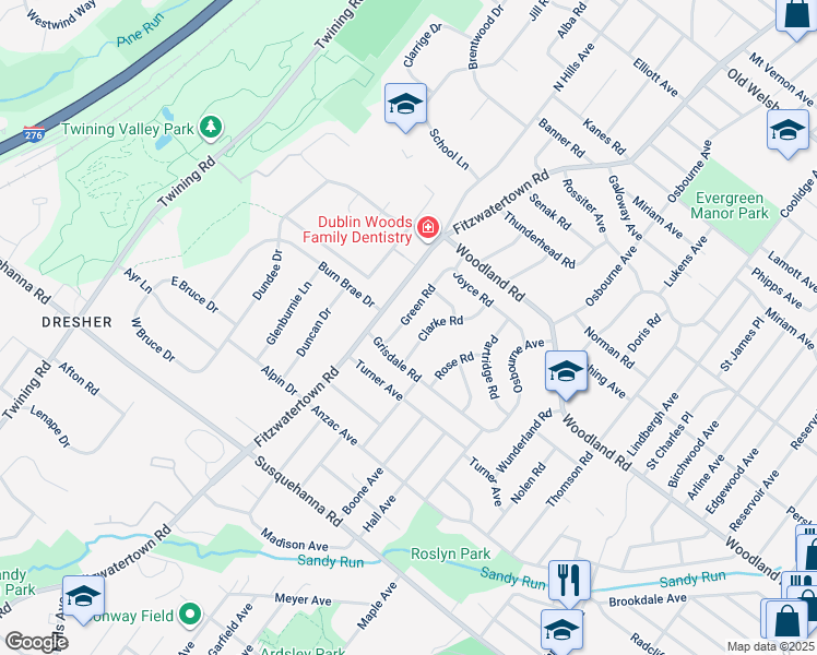 map of restaurants, bars, coffee shops, grocery stores, and more near 1321 Green Road in Abington