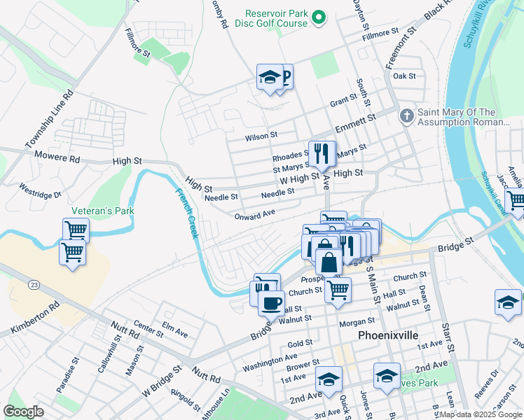 map of restaurants, bars, coffee shops, grocery stores, and more near 527 Onward Avenue in Phoenixville