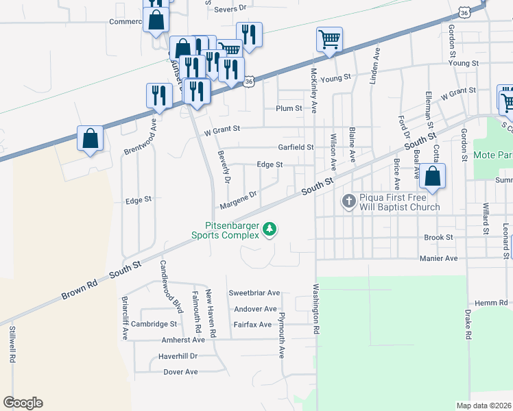 map of restaurants, bars, coffee shops, grocery stores, and more near 1539 Margene Drive in Piqua