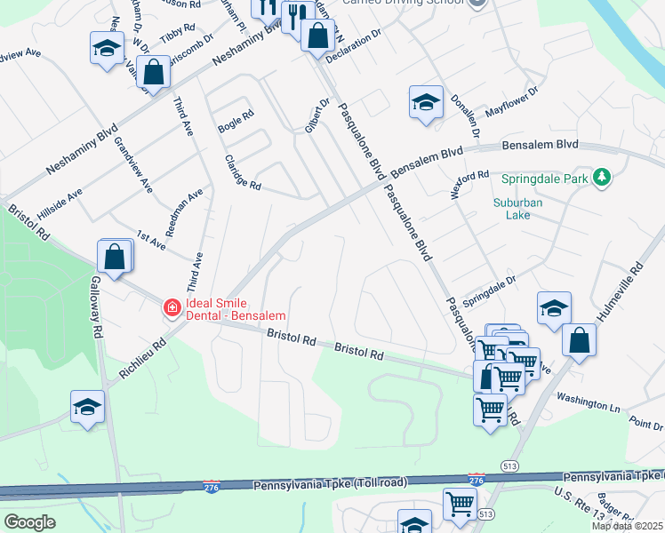 map of restaurants, bars, coffee shops, grocery stores, and more near 3325 Johns Court in Bensalem