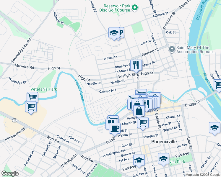 map of restaurants, bars, coffee shops, grocery stores, and more near 527 Onward Avenue in Phoenixville