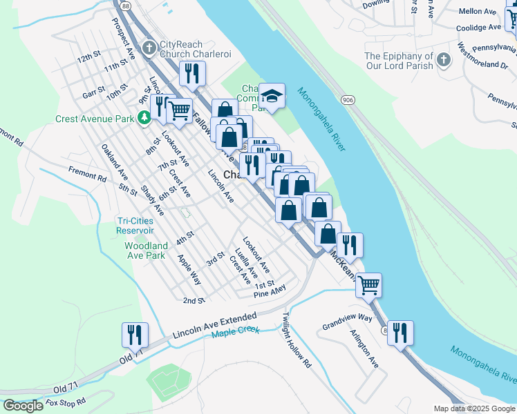 map of restaurants, bars, coffee shops, grocery stores, and more near 421 Fallowfield Avenue in Charleroi