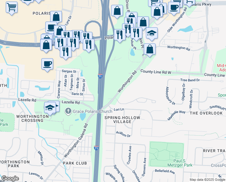 map of restaurants, bars, coffee shops, grocery stores, and more near 9220 Worthington Road in Westerville
