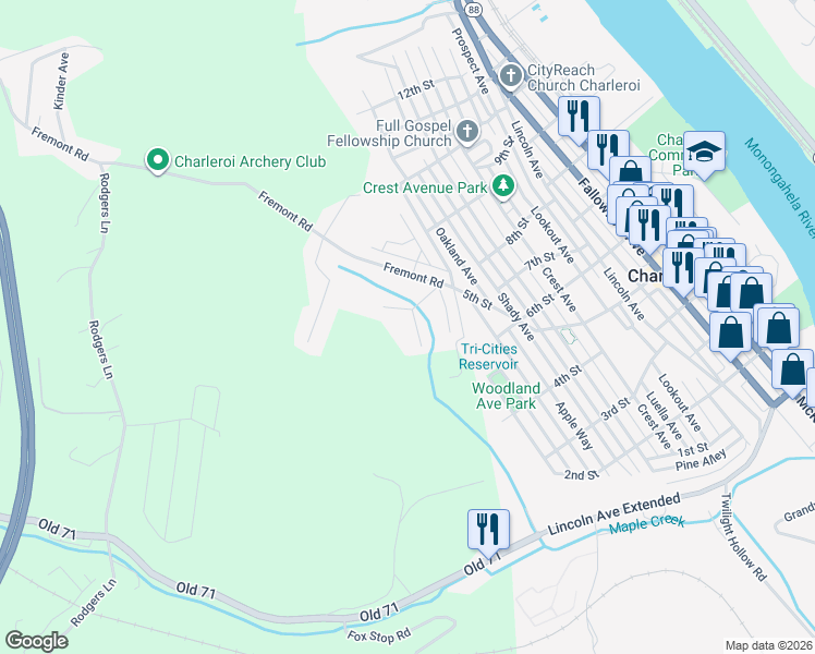 map of restaurants, bars, coffee shops, grocery stores, and more near 24 Central Avenue in Charleroi