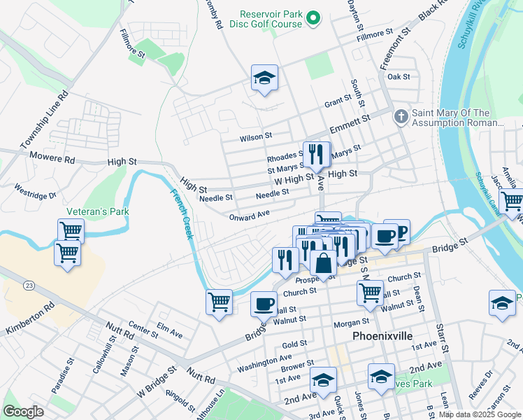 map of restaurants, bars, coffee shops, grocery stores, and more near 521 Onward Avenue in Phoenixville