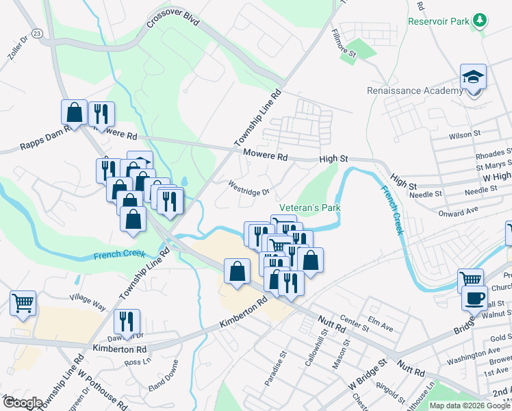 map of restaurants, bars, coffee shops, grocery stores, and more near 422 Westridge Drive in Phoenixville