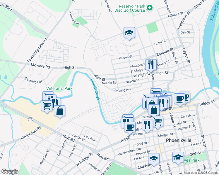map of restaurants, bars, coffee shops, grocery stores, and more near 637 Onward Avenue in Phoenixville