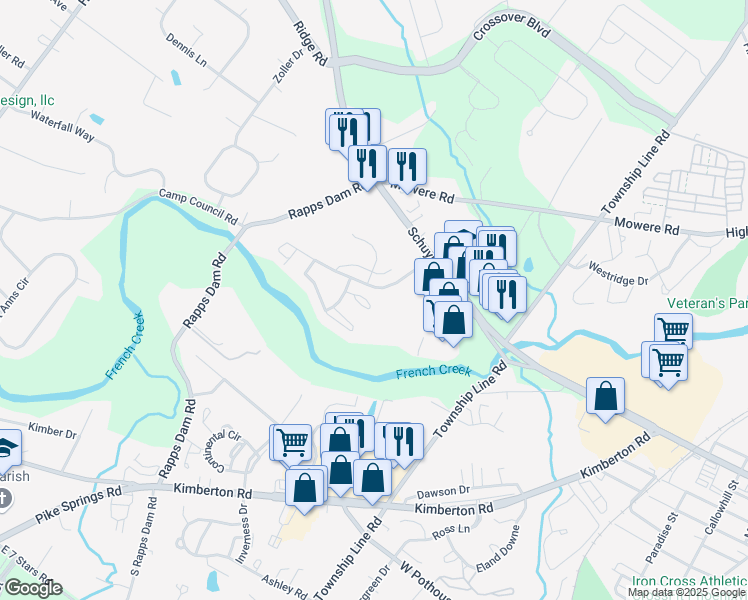 map of restaurants, bars, coffee shops, grocery stores, and more near 1301 Denise Circle in Phoenixville