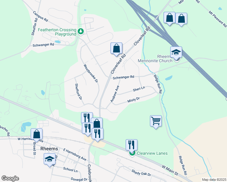 map of restaurants, bars, coffee shops, grocery stores, and more near 2342 Andrew Avenue in Mount Joy
