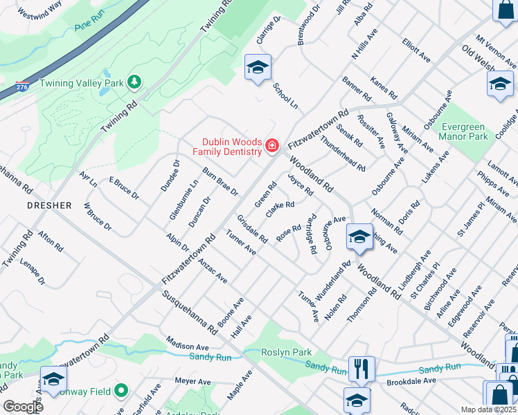 map of restaurants, bars, coffee shops, grocery stores, and more near 1321 Green Road in Abington