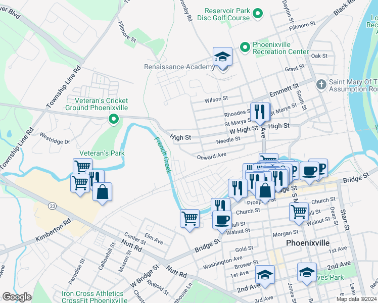 map of restaurants, bars, coffee shops, grocery stores, and more near 619 Needle Street in Phoenixville