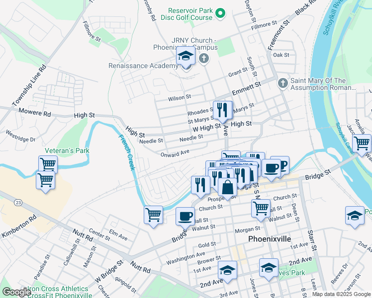 map of restaurants, bars, coffee shops, grocery stores, and more near 515 Onward Avenue in Phoenixville