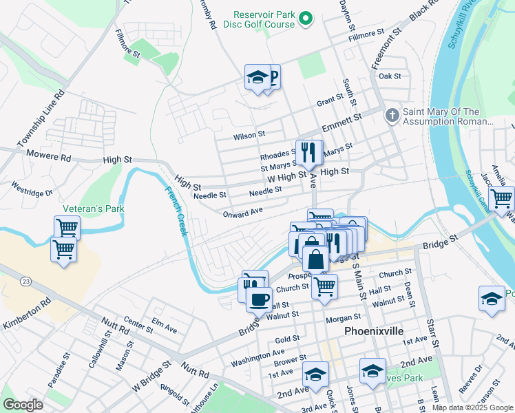 map of restaurants, bars, coffee shops, grocery stores, and more near 515 Onward Avenue in Phoenixville