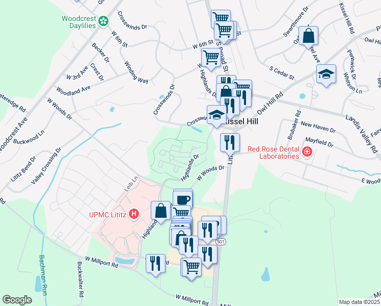 map of restaurants, bars, coffee shops, grocery stores, and more near 539 Wickshire Circle in Lititz