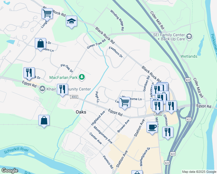 map of restaurants, bars, coffee shops, grocery stores, and more near 82 Page Lane in Phoenixville