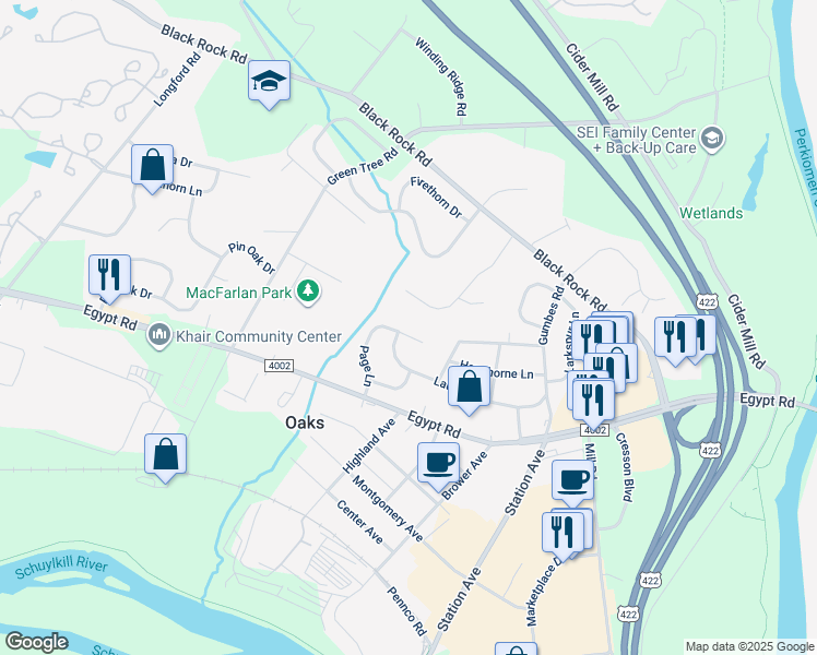 map of restaurants, bars, coffee shops, grocery stores, and more near 82 Page Lane in Phoenixville