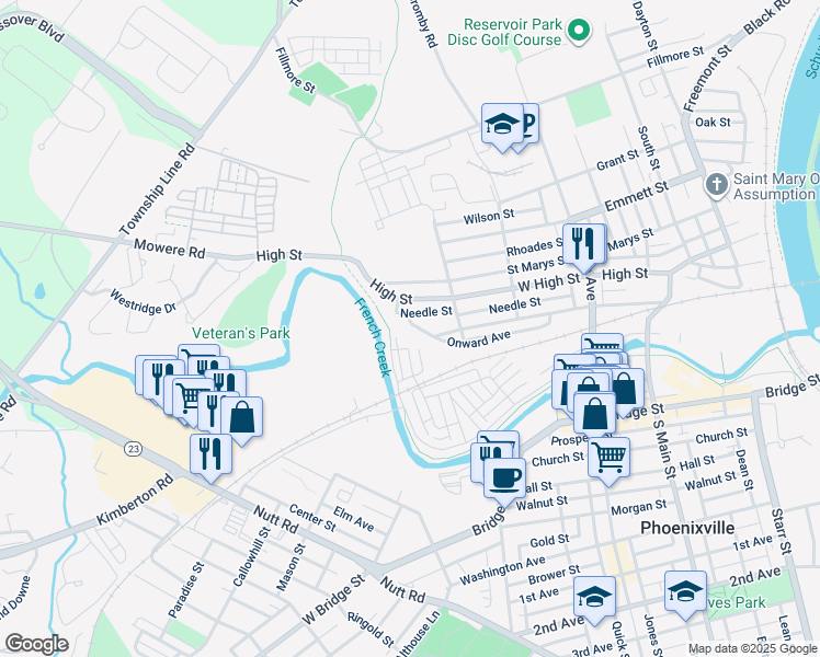 map of restaurants, bars, coffee shops, grocery stores, and more near 650 Onward Avenue in Phoenixville
