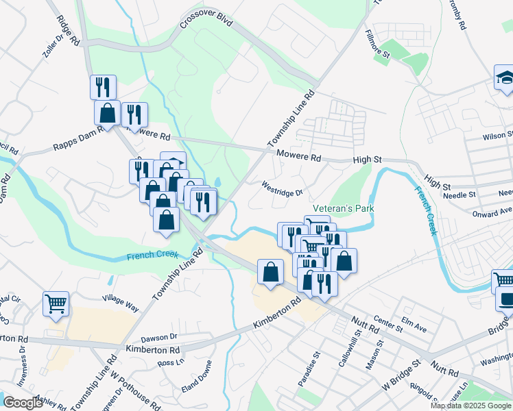 map of restaurants, bars, coffee shops, grocery stores, and more near 124 Westridge Place South in Phoenixville