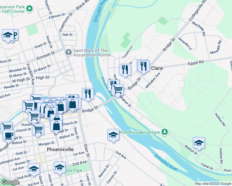 map of restaurants, bars, coffee shops, grocery stores, and more near 131 Bridge Street in Mont Clare