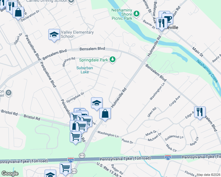 map of restaurants, bars, coffee shops, grocery stores, and more near 6072 Buckingham Drive in Bensalem