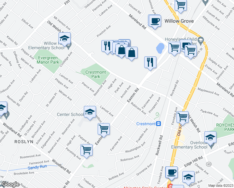 map of restaurants, bars, coffee shops, grocery stores, and more near 1715 Park Avenue in Willow Grove