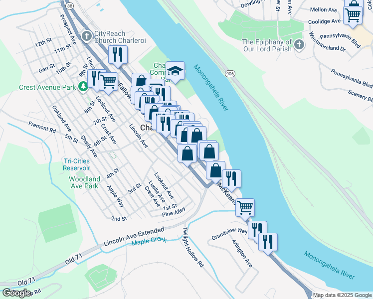 map of restaurants, bars, coffee shops, grocery stores, and more near 210 3rd Street in Charleroi
