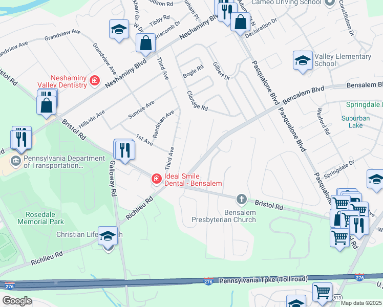 map of restaurants, bars, coffee shops, grocery stores, and more near 4800 Oxford Court in Bensalem