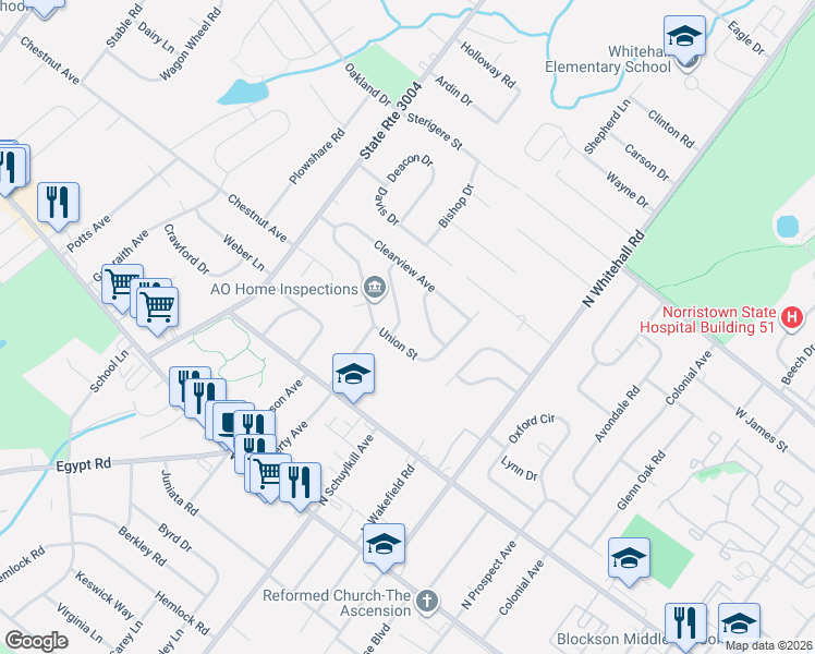 map of restaurants, bars, coffee shops, grocery stores, and more near 24 Penfield Avenue in Norristown