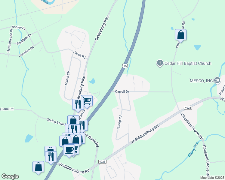 map of restaurants, bars, coffee shops, grocery stores, and more near 1002 U.S. 15 in Dillsburg
