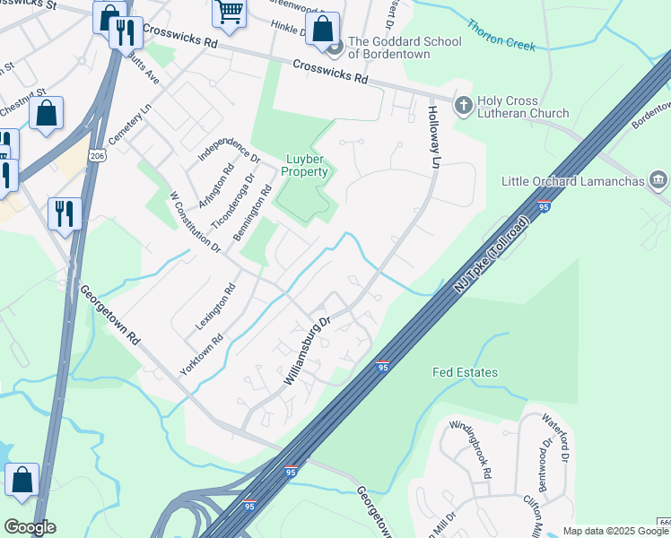 map of restaurants, bars, coffee shops, grocery stores, and more near 16 North Colonial Drive in Bordentown
