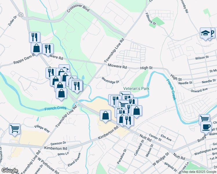 map of restaurants, bars, coffee shops, grocery stores, and more near 304 Westridge Circle in Phoenixville