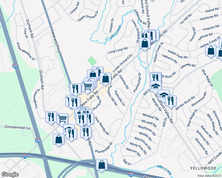 map of restaurants, bars, coffee shops, grocery stores, and more near 67 Pumpkin Hill Road in Levittown
